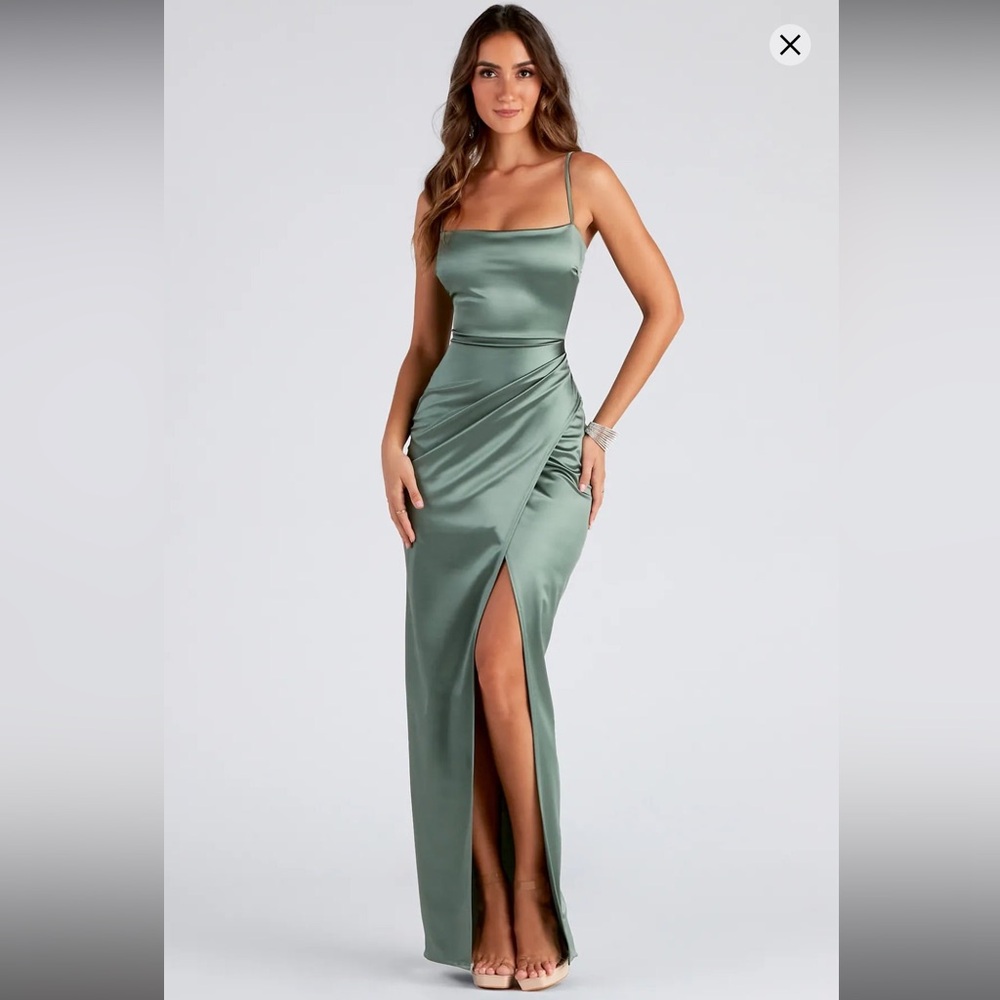 Elegant Deep Sage Green Satin Formal Maxi Dress